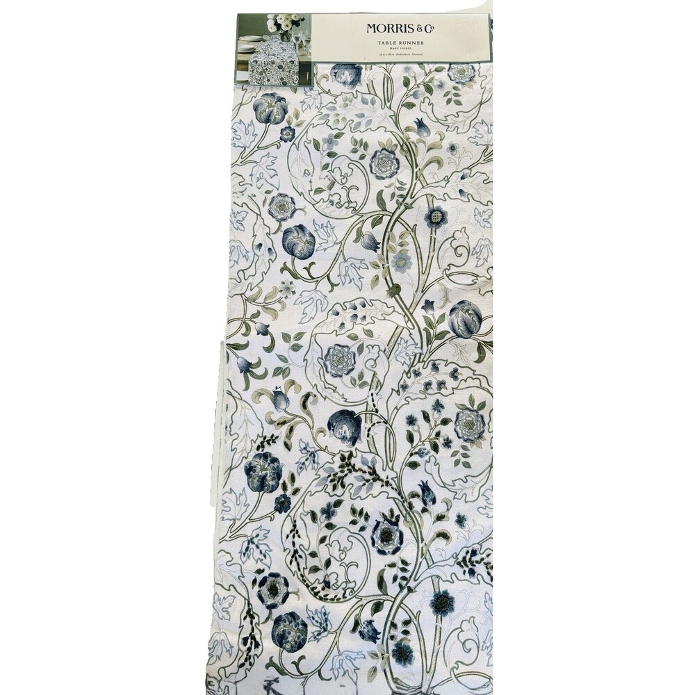 William Morris & Co Mary Isobel Table Runner 108”x 18” Embroidered Floral White